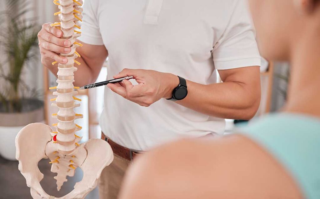 A chiropractor explains spinal anatomy to an adult patient using a model of the human spine in a clinical setting.